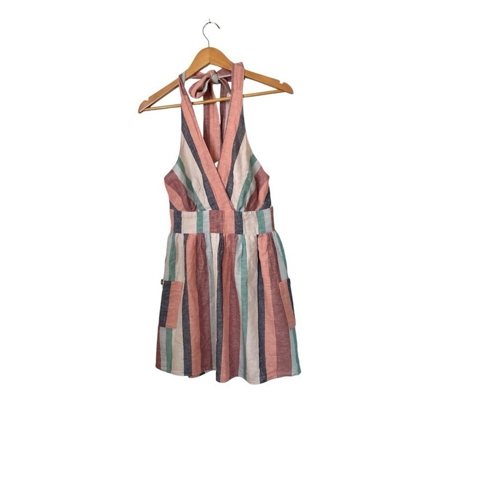 American Eagle Halter Mini Dress Small Striped Babydoll Cotton Linen Sundress